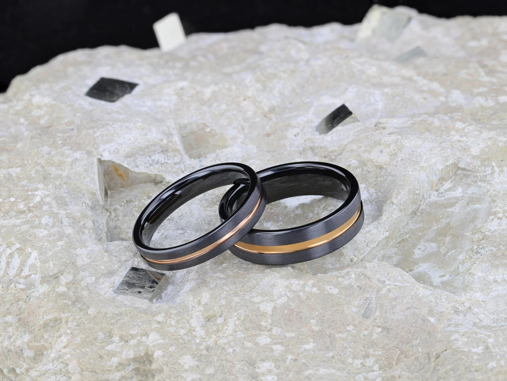 VENICE Black Ceramic Wedding Band with Rose Gold Groove - 4mm - 10mm