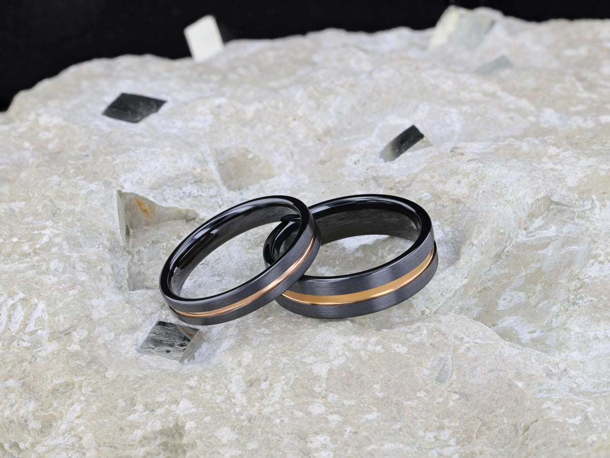 VENICE Black Ceramic Wedding Band with Rose Gold Groove - 4mm - 10mm