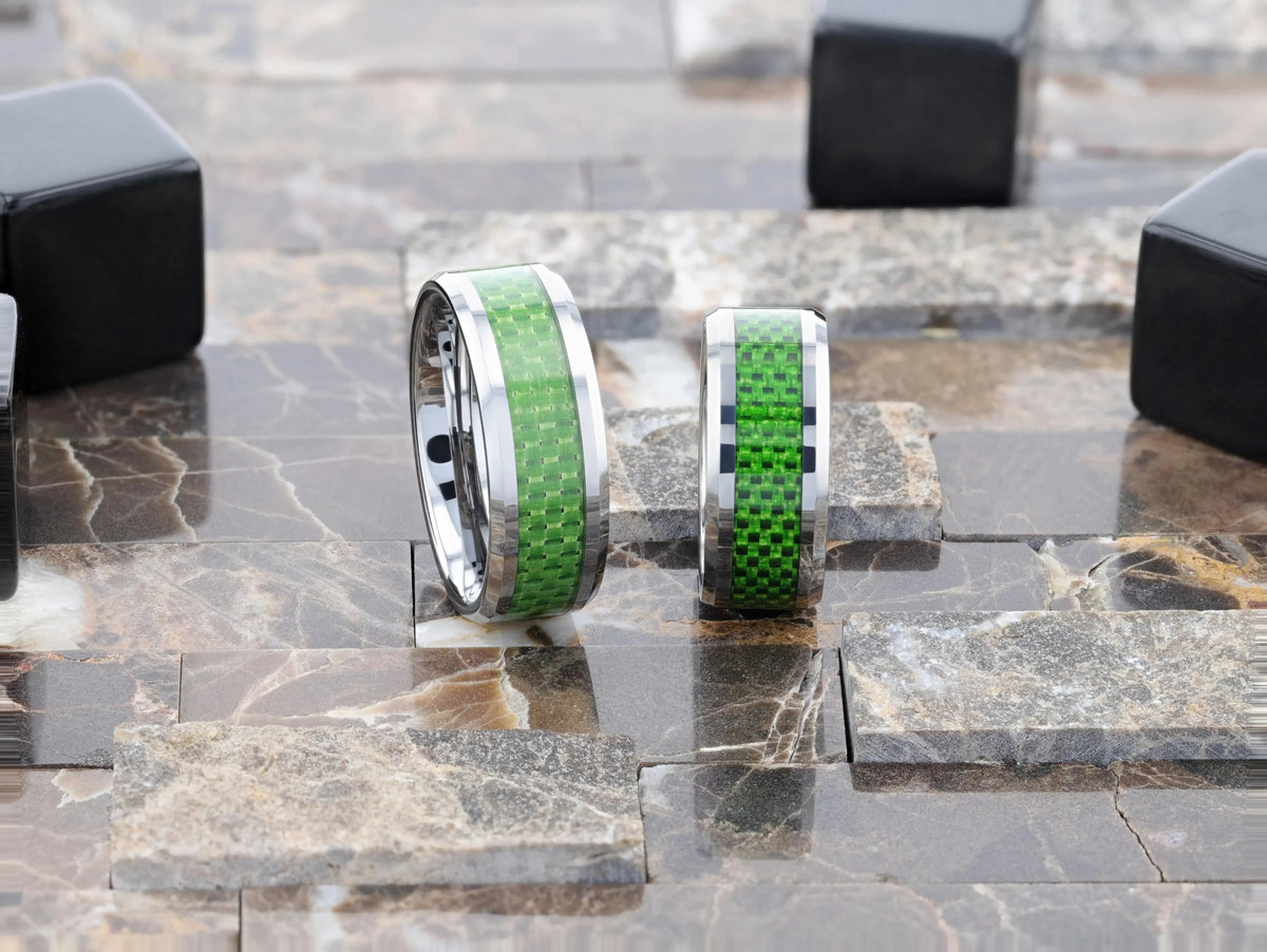 VERMONT Tungsten Wedding Band With Emerald Green Carbon Fiber Inlay - 8mm