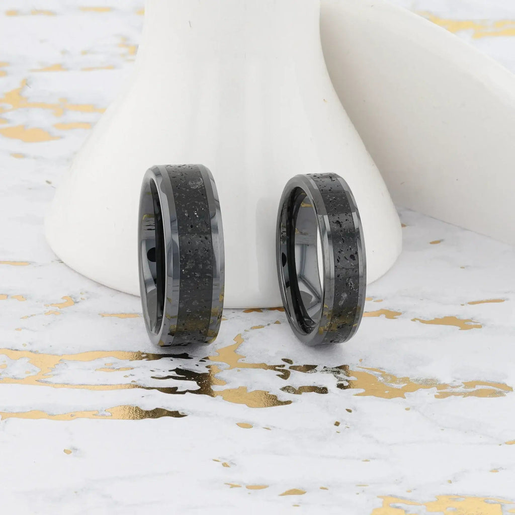 VESUVIUS Men’s Polished Black Ceramic Wedding Band with Black & Gray Lava Rock Stone Inlay & Polished Beveled Edges - 6mm & 8mm
