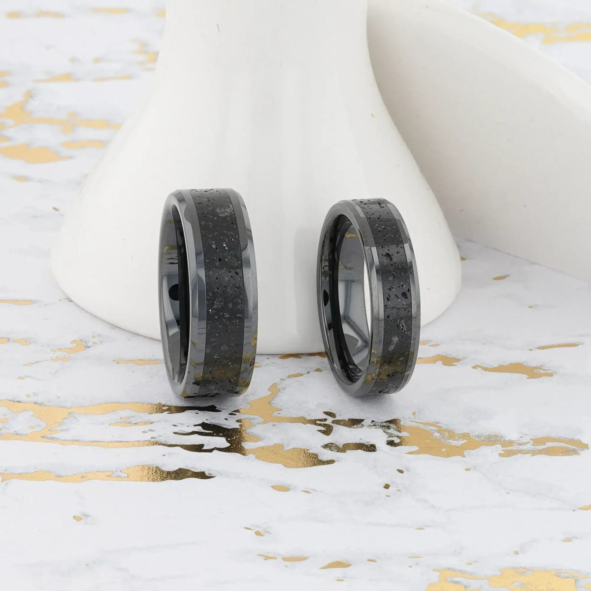VESUVIUS Men’s Polished Black Ceramic Wedding Band with Black & Gray Lava Rock Stone Inlay & Polished Beveled Edges - 6mm & 8mm