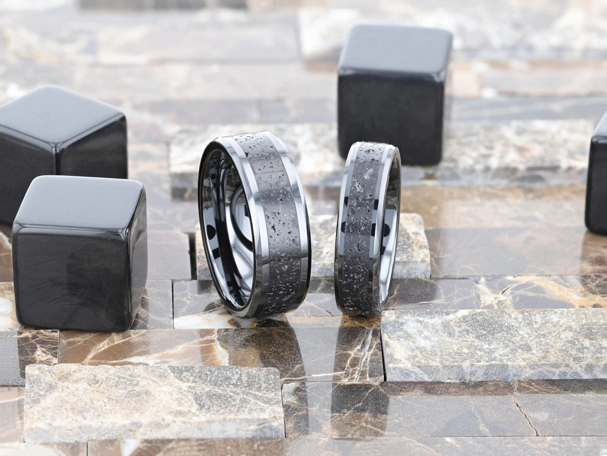 VESUVIUS Men’s Polished Black Ceramic Wedding Band with Black & Gray Lava Rock Stone Inlay & Polished Beveled Edges - 6mm & 8mm