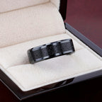 VESUVIUS Men’s Polished Black Ceramic Wedding Band with Black & Gray Lava Rock Stone Inlay & Polished Beveled Edges - 6mm & 8mm