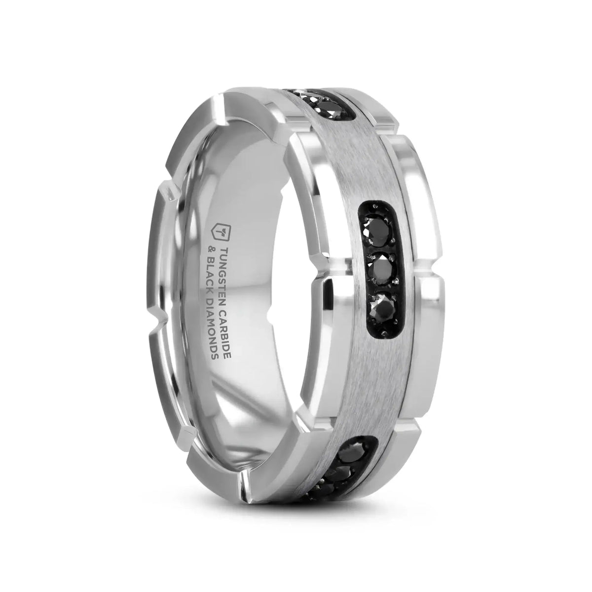 VALOR Grooved Tungsten Ring with Silver Inlay & Black Diamonds - 8mm