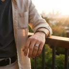 VALOR Grooved Tungsten Ring with Silver Inlay & Black Diamonds - 8mm