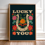 Lucky You Floral Horseshoe Art Print - Navy