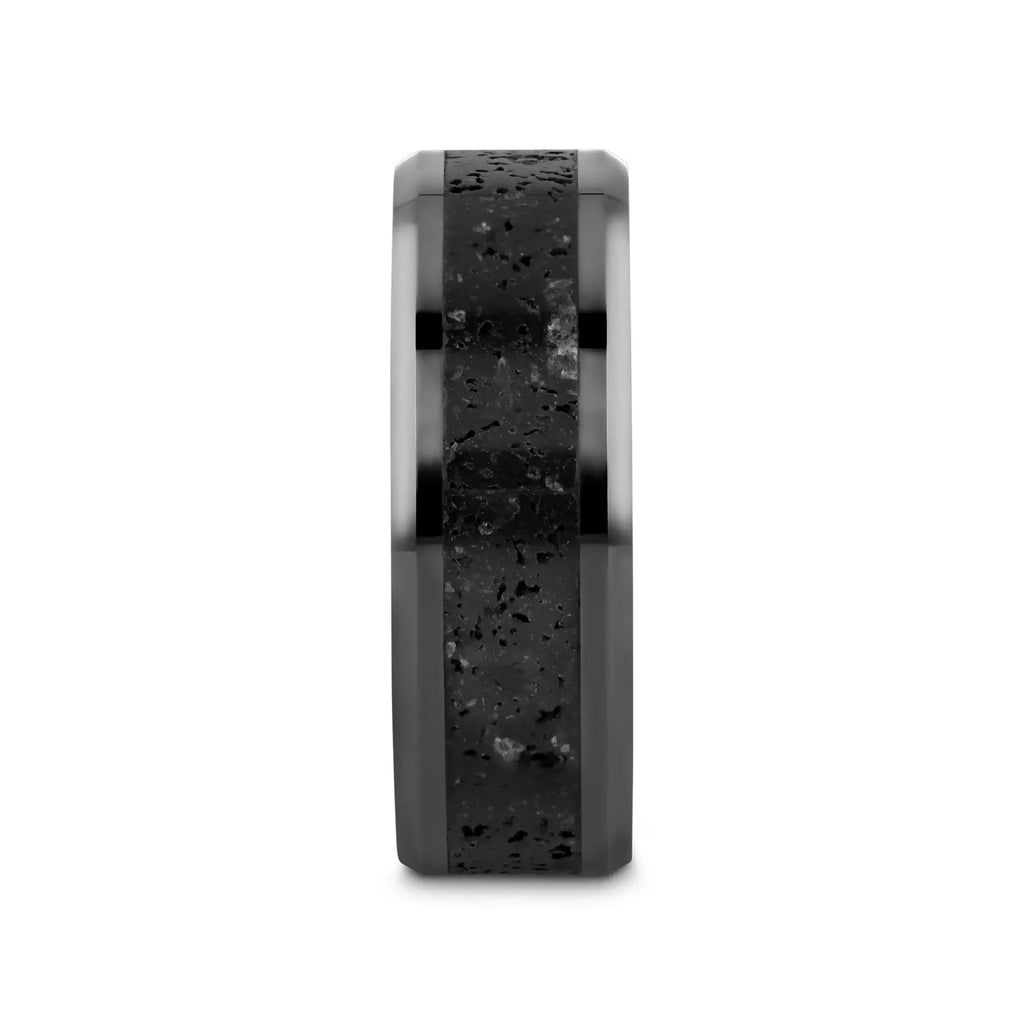 VESUVIUS Men’s Polished Black Ceramic Wedding Band with Black & Gray Lava Rock Stone Inlay & Polished Beveled Edges - 6mm & 8mm