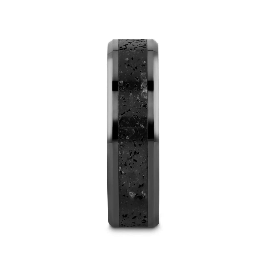 VESUVIUS Men’s Polished Black Ceramic Wedding Band with Black & Gray Lava Rock Stone Inlay & Polished Beveled Edges - 6mm & 8mm