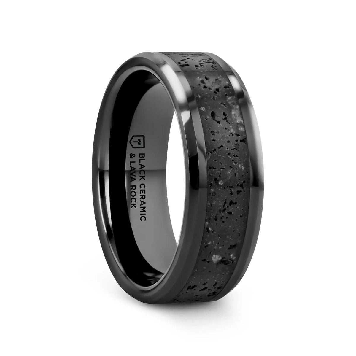 VESUVIUS Men’s Polished Black Ceramic Wedding Band with Black & Gray Lava Rock Stone Inlay & Polished Beveled Edges - 6mm & 8mm