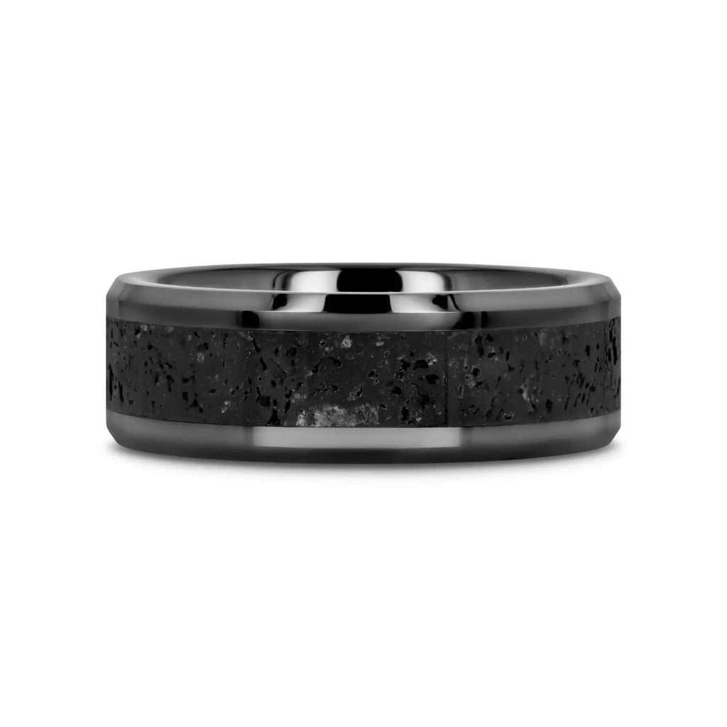 VESUVIUS Men’s Polished Black Ceramic Wedding Band with Black & Gray Lava Rock Stone Inlay & Polished Beveled Edges - 6mm & 8mm