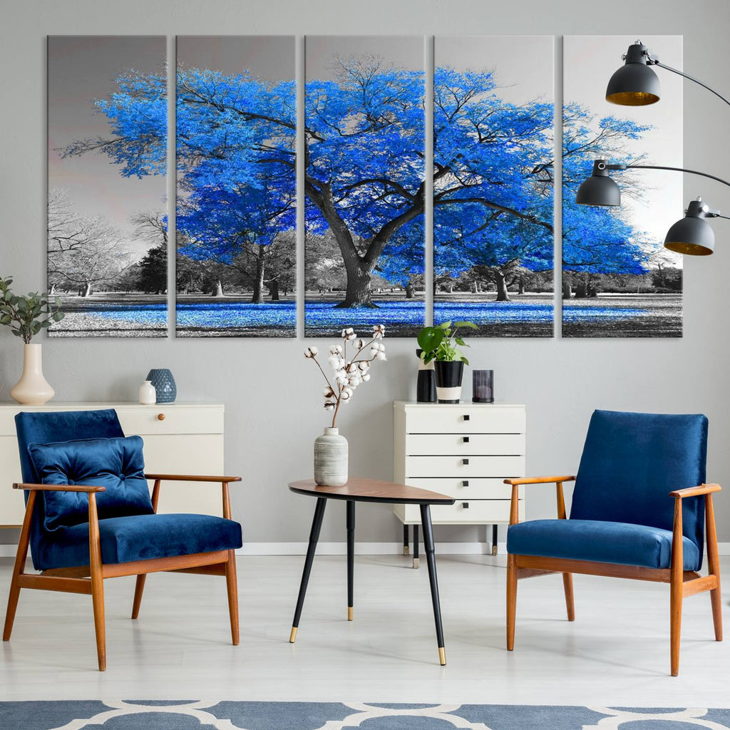 Vibrant Blue Tree Canvas Art | Triptych Nature Print, Color Pop Decor