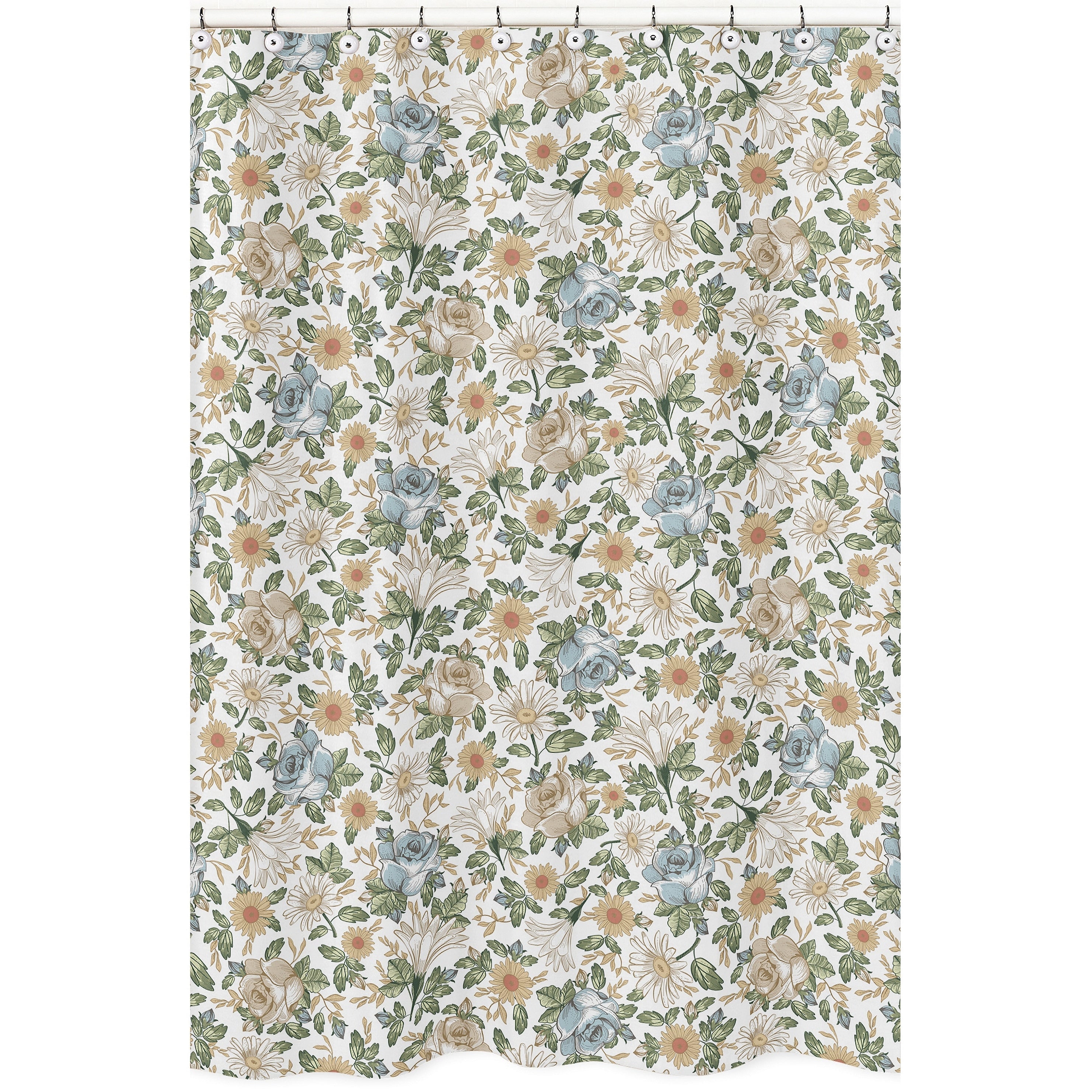 Vintage Floral Blue Yellow Bath Fabric Shower Curtain Green Gold Orange Taupe Beige White Shabby Chic Boho Bohemian Farmhouse