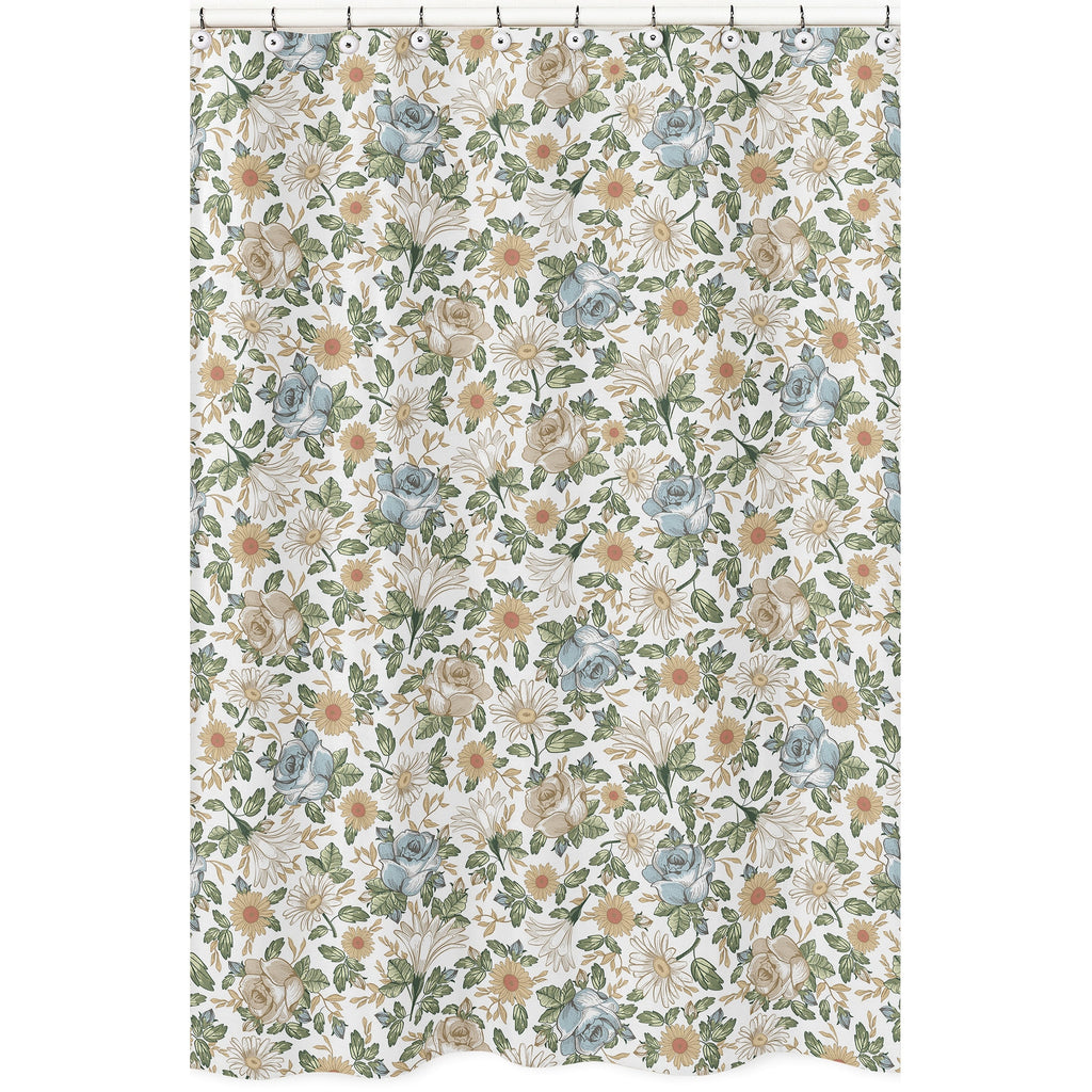 Vintage Floral Blue Yellow Bath Fabric Shower Curtain Green Gold Orange Taupe Beige White Shabby Chic Boho Bohemian Farmhouse