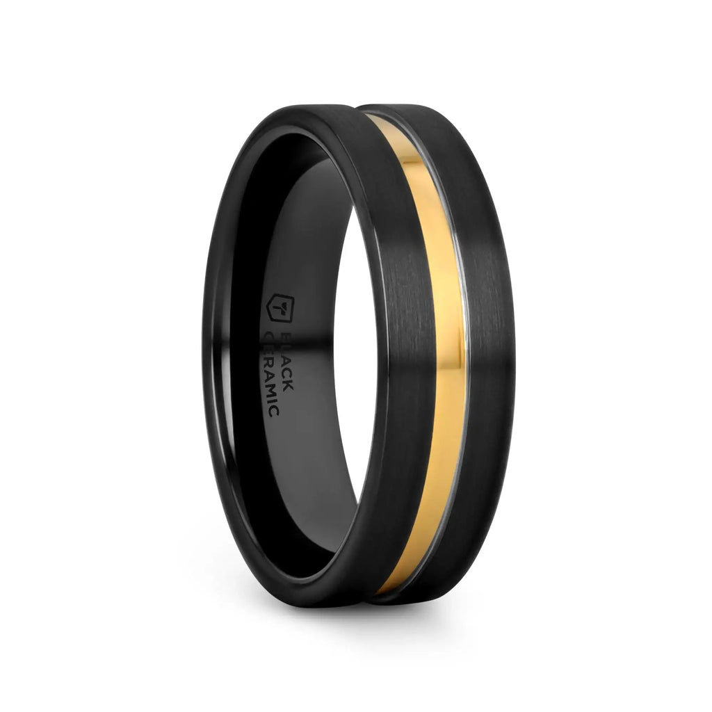 VIVALDI Black Ceramic Wedding Band With Yellow Gold Groove - 4mm - 8mm