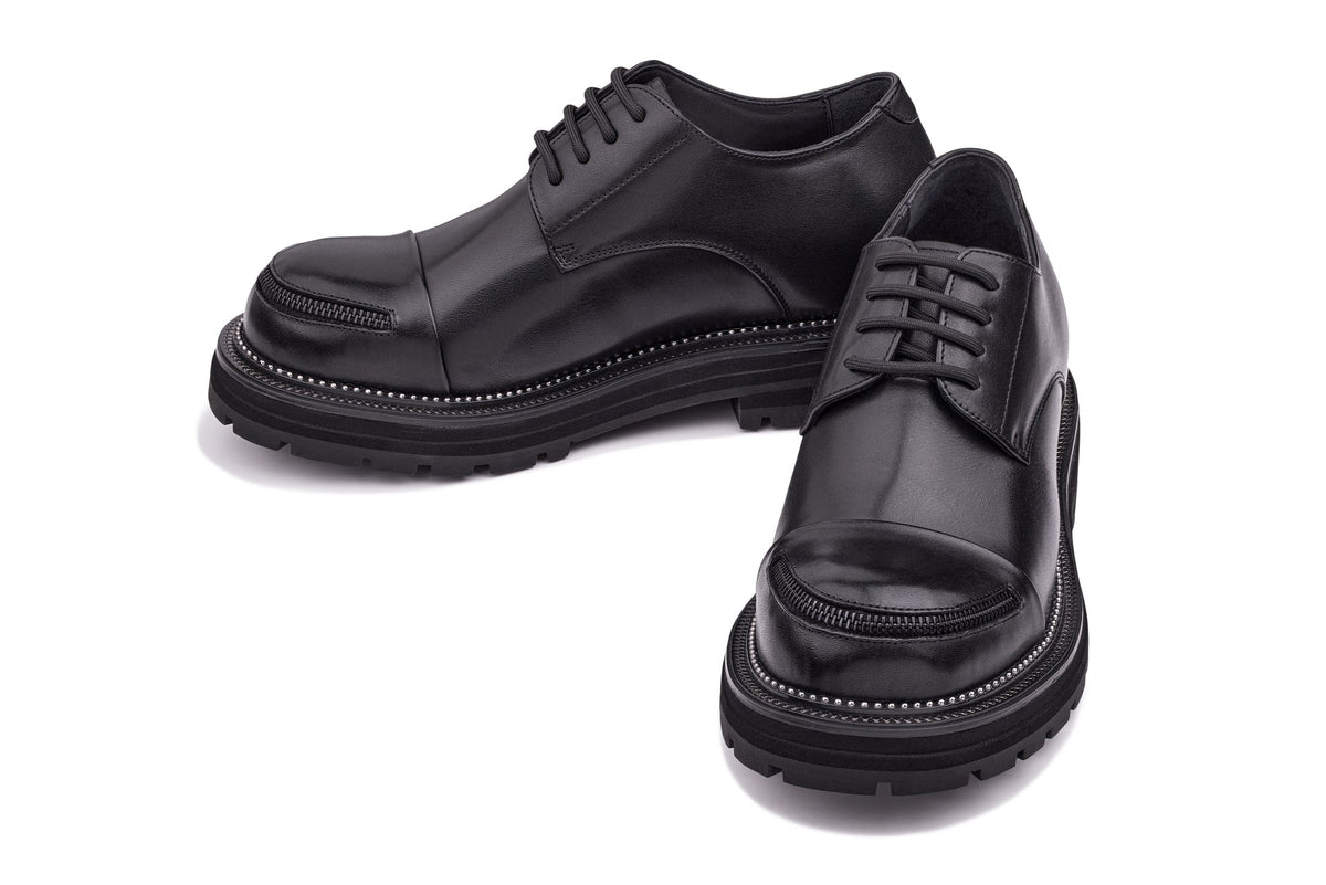 TOTO - W0982 - 3.3 Inches Taller (Black) - Low Top Chunky Sole Cap-Toe Casual Derbies