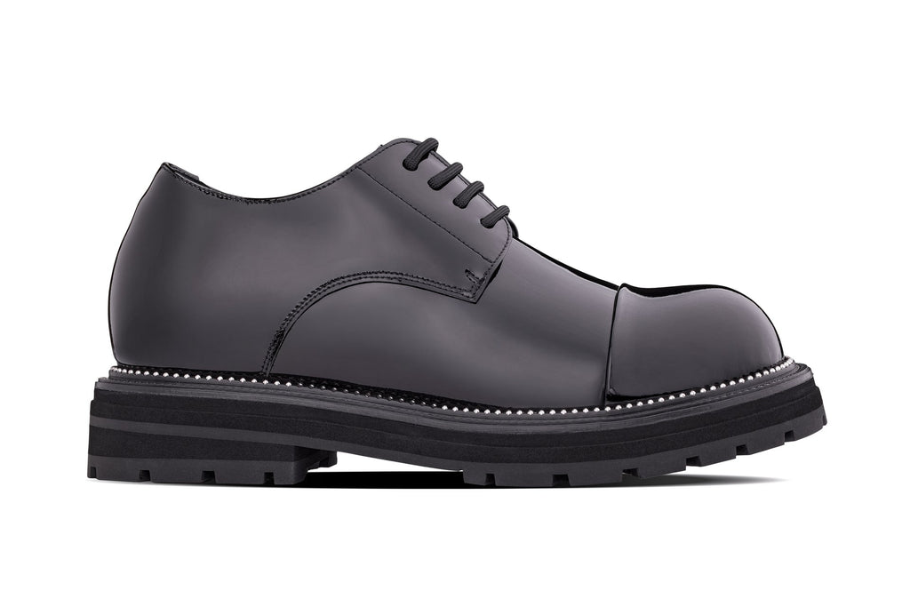 TOTO - W0983 - 3.3 Inches Taller (Black Patent Leather) - Low Top Chunky Sole Cap-Toe Casual Derbies