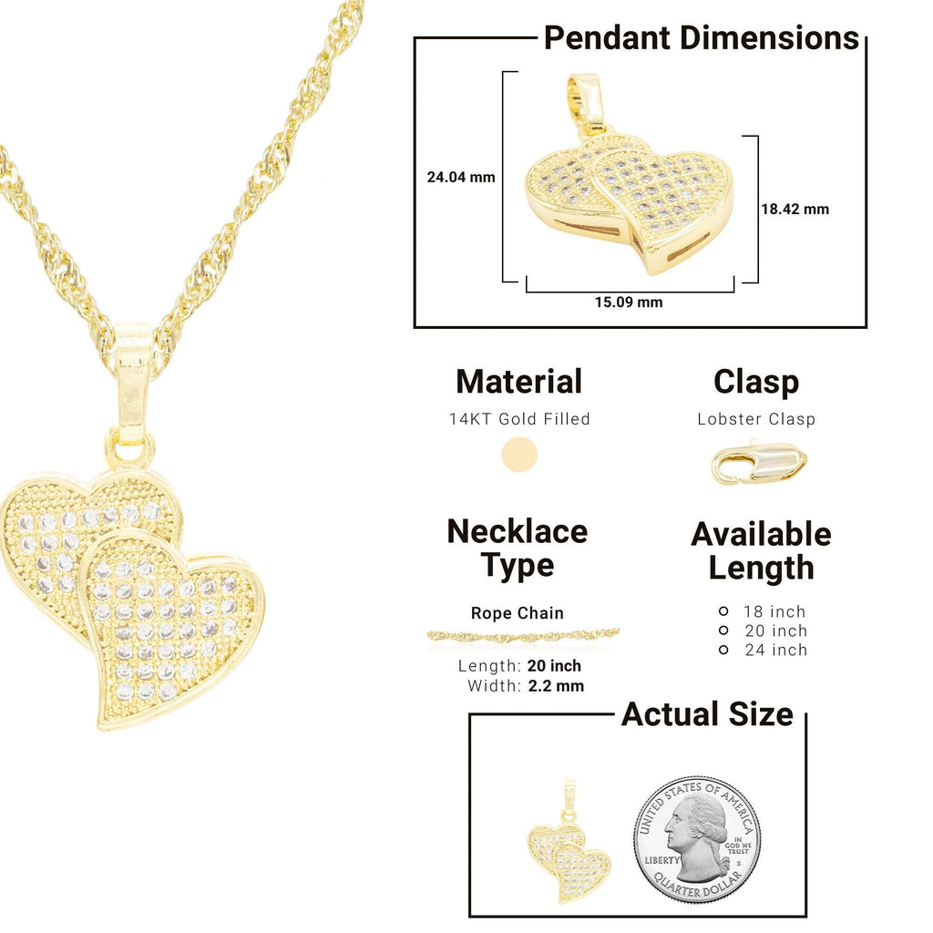 Cubic Zirconia 14K Gold Filled Double Hearts Pendant Necklace Set
