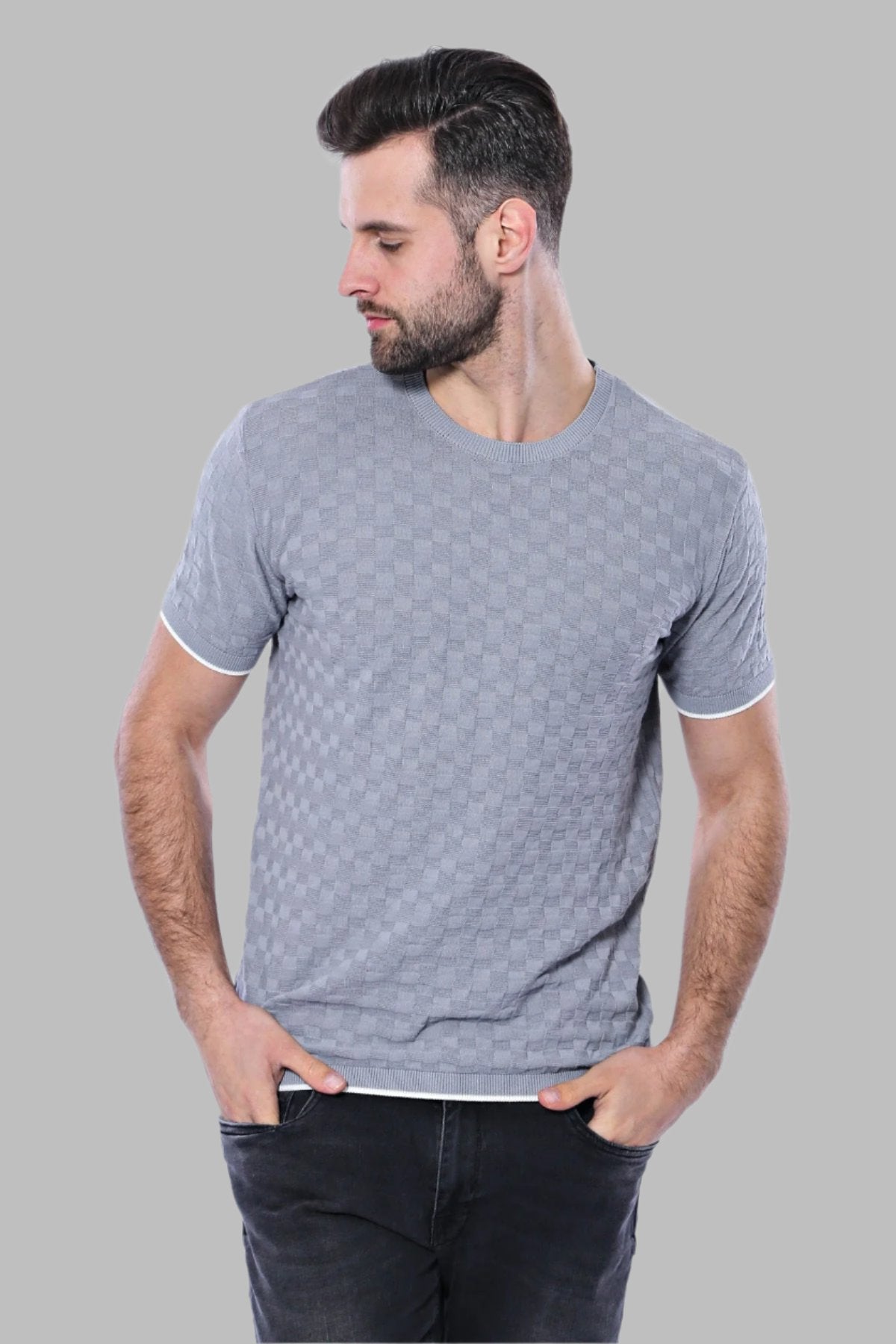 Grey Patterned Tricot Knitted T-Shirt - Wessi