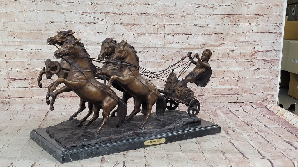Bronze Roman Gladiator Warrior Chariot Sculpture with Rearing Horses