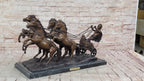 Bronze Roman Gladiator Warrior Chariot Sculpture with Rearing Horses
