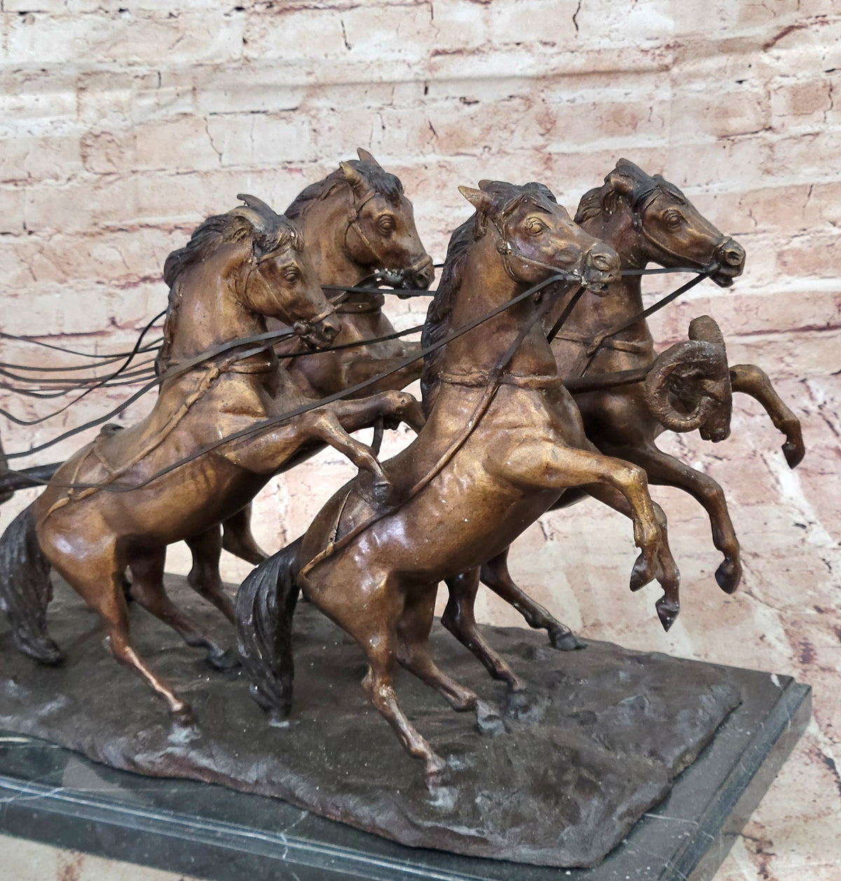Bronze Roman Gladiator Warrior Chariot Sculpture with Rearing Horses