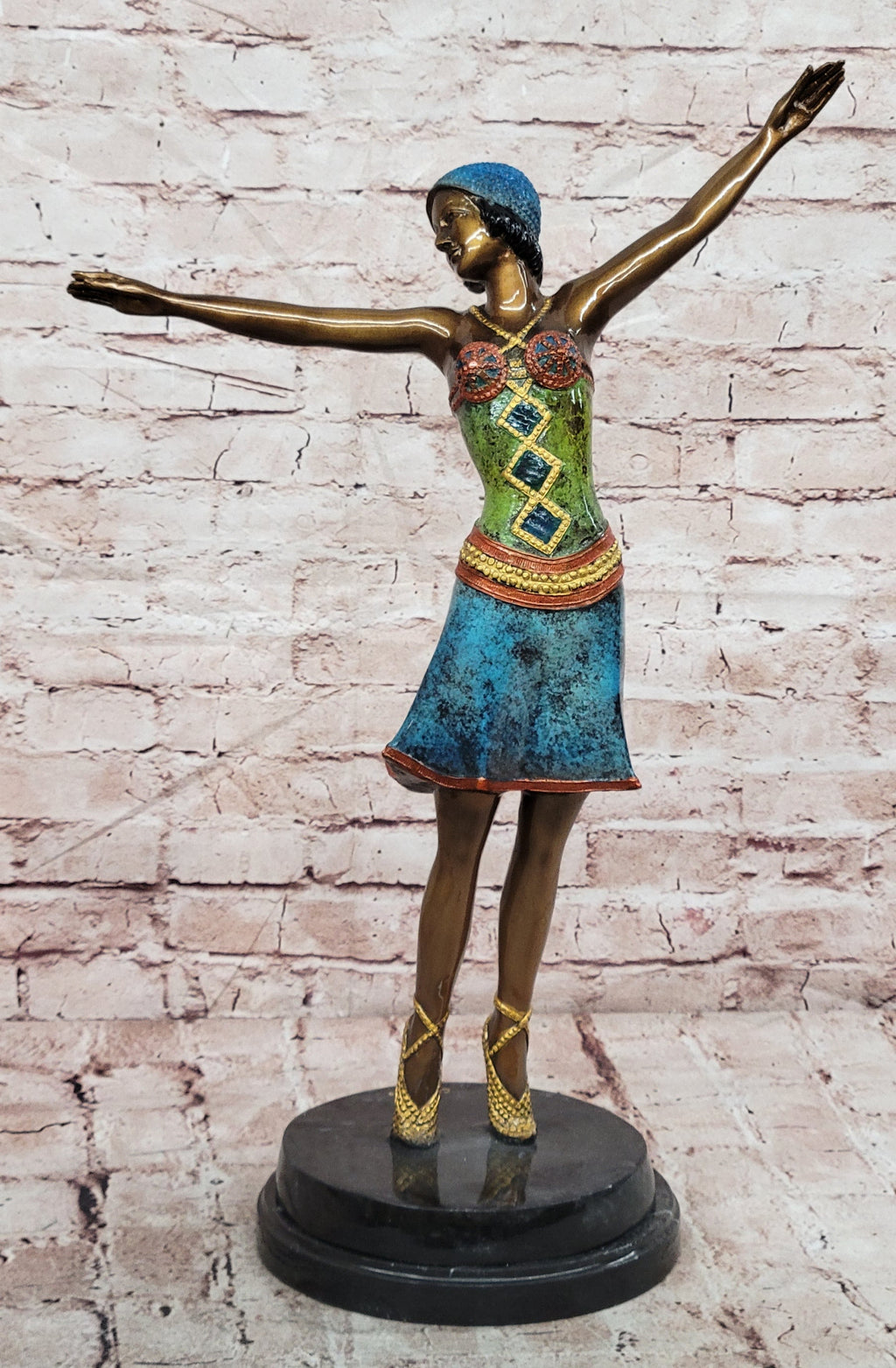 Colorful Art Deco Dancer Bronze Sculpture on Marble Base