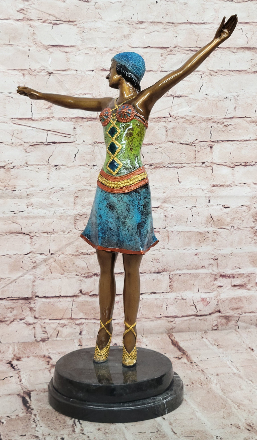 Colorful Art Deco Dancer Bronze Sculpture on Marble Base