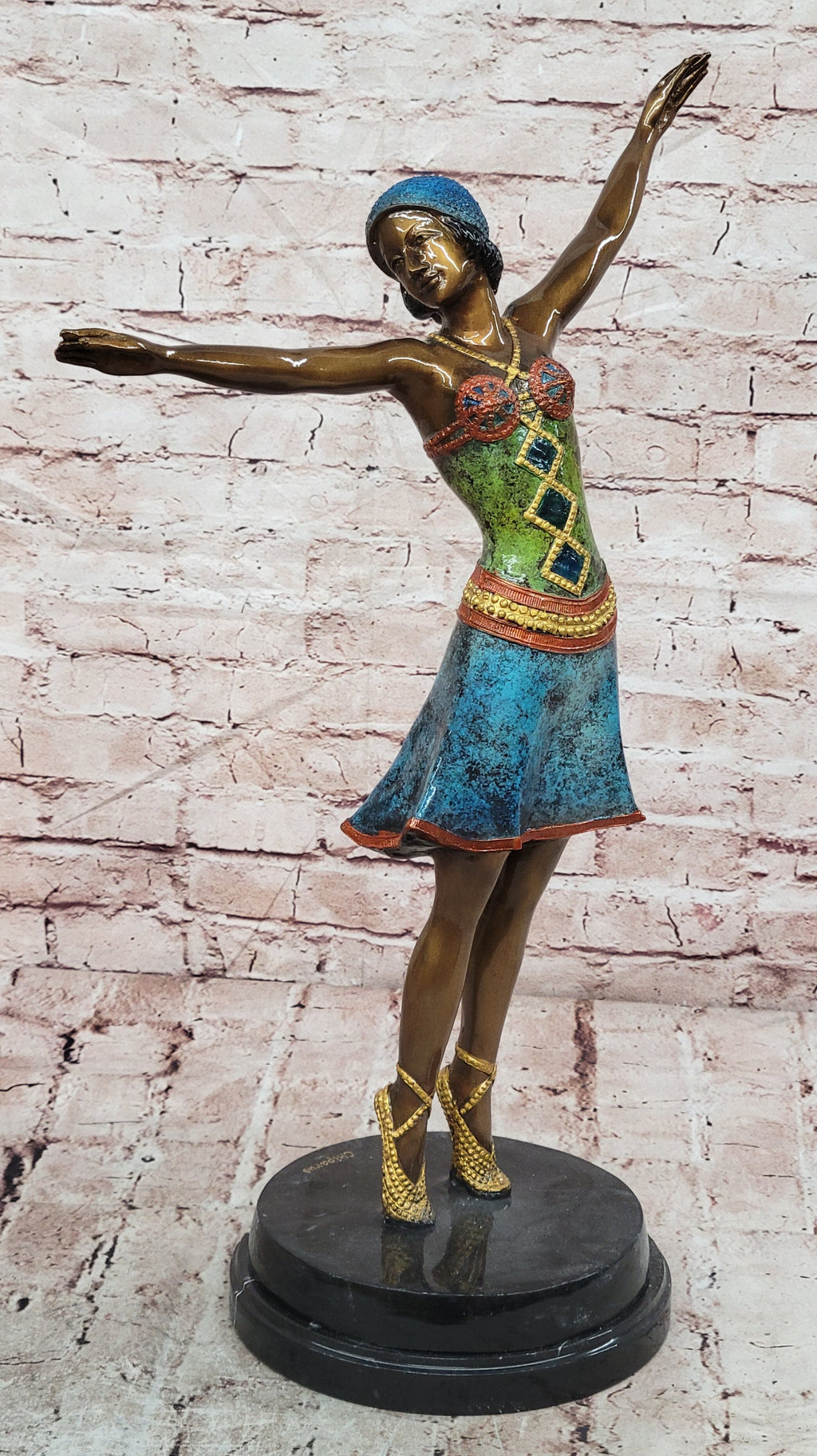 Colorful Art Deco Dancer Bronze Sculpture on Marble Base