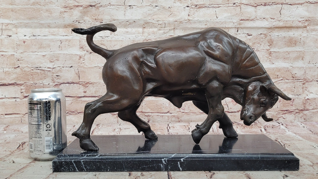 Charging Bull Bronze Metal Statue Sculpture Figure on Marble Base Wall Street Stock Market