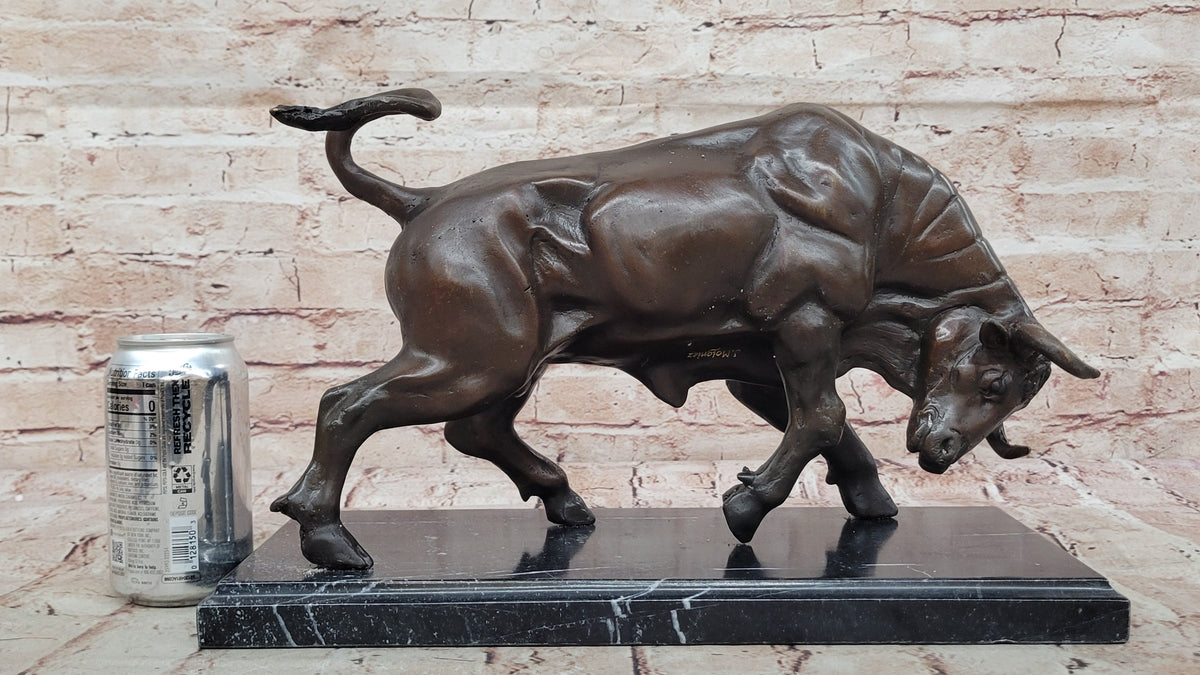 Charging Bull Bronze Metal Statue Sculpture Figure on Marble Base Wall Street Stock Market