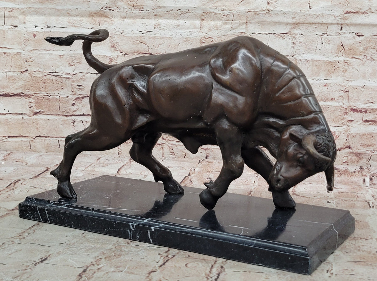 Charging Bull Bronze Metal Statue Sculpture Figure on Marble Base Wall Street Stock Market