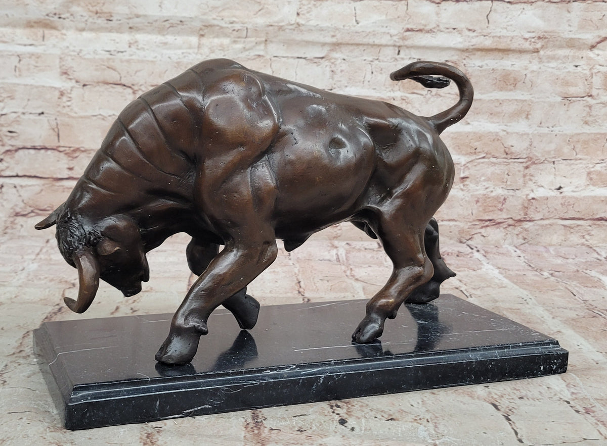Charging Bull Bronze Metal Statue Sculpture Figure on Marble Base Wall Street Stock Market