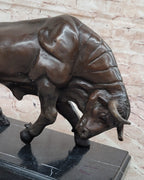 Charging Bull Bronze Metal Statue Sculpture Figure on Marble Base Wall Street Stock Market