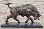 Charging Bull Bronze Metal Statue Sculpture Figure on Marble Base Wall Street Stock Market