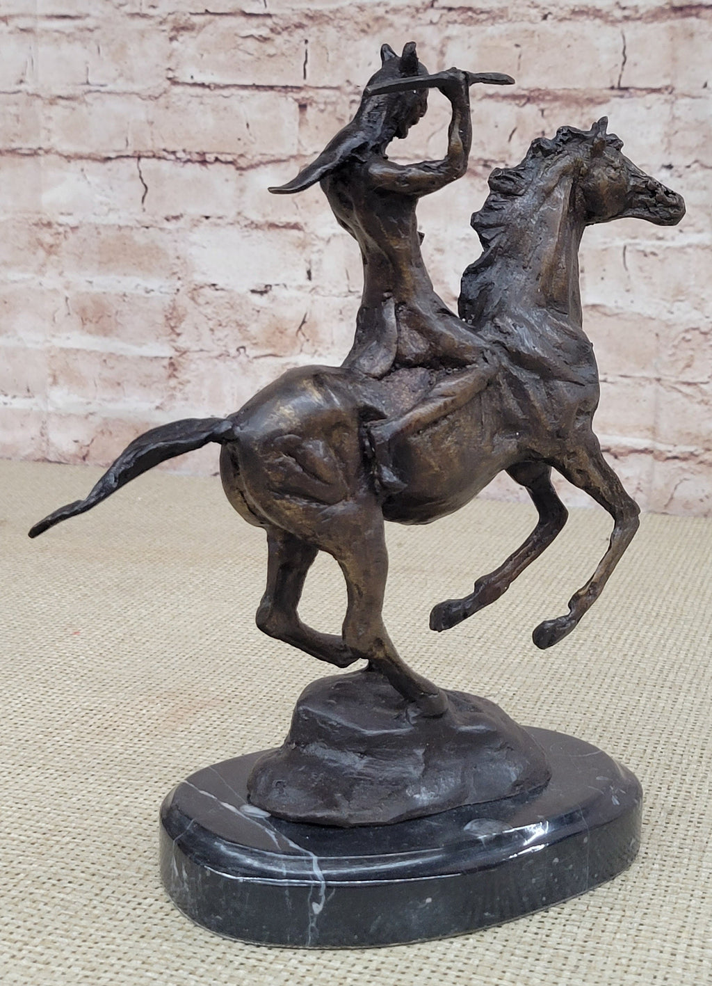 WAR Western Bronze Sculpture Native American Horseback Statue 9" x 8"