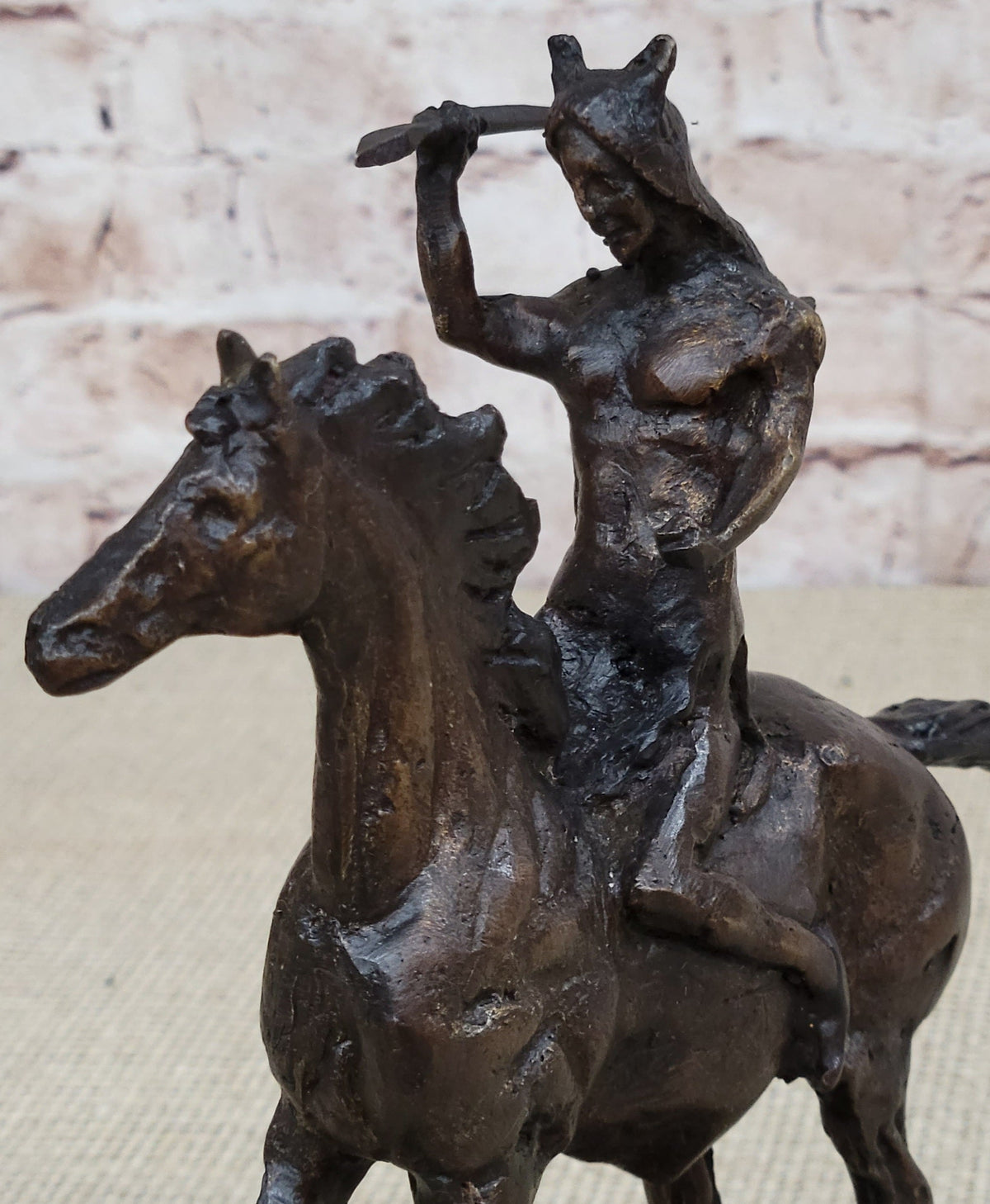 WAR Western Bronze Sculpture Native American Horseback Statue 9" x 8"