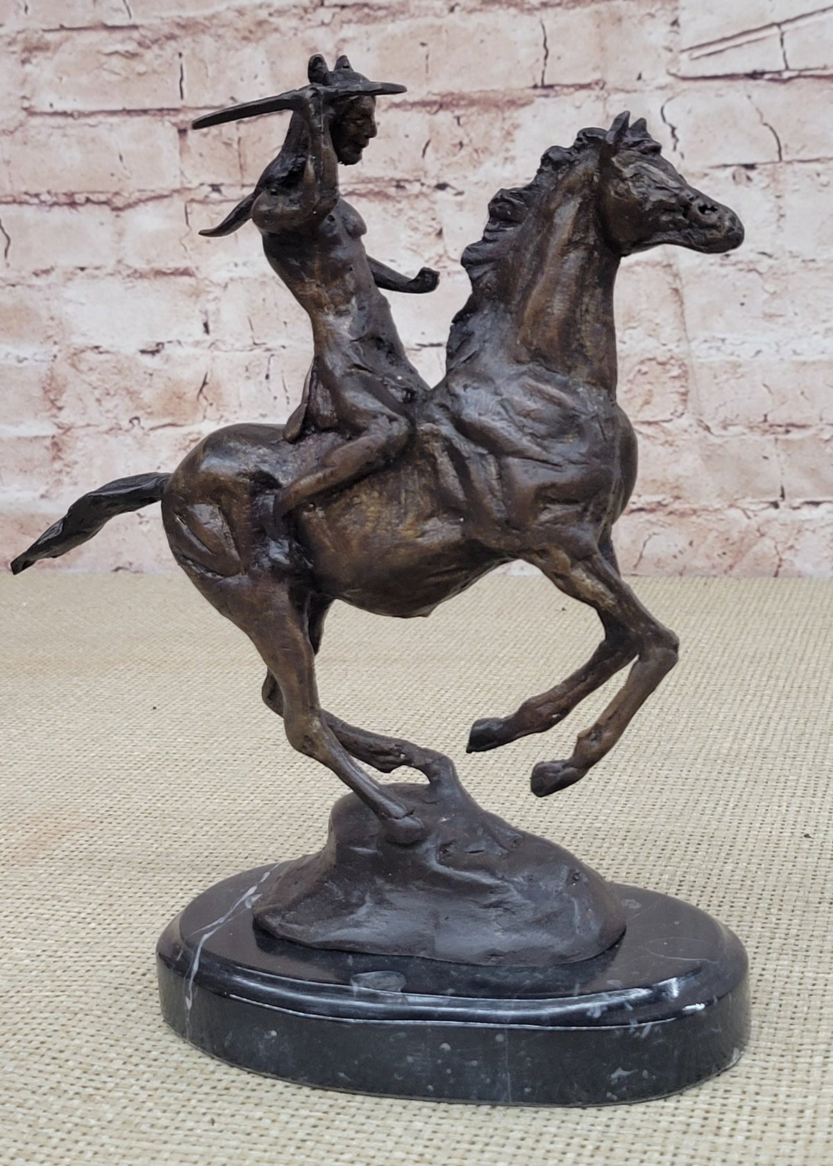 WAR Western Bronze Sculpture Native American Horseback Statue 9" x 8"