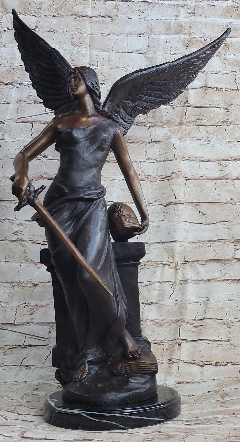 Female Archangel Winged Angel w/ Sword Warrior Goddess Bronze Sculpture Statue Figure
