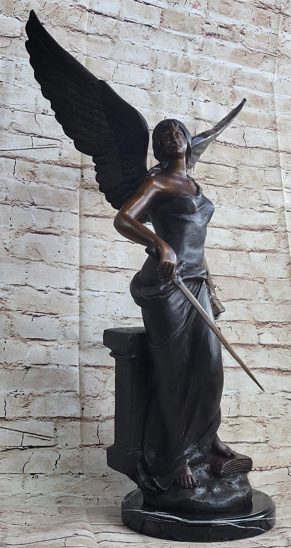 Female Archangel Winged Angel w/ Sword Warrior Goddess Bronze Sculpture Statue Figure