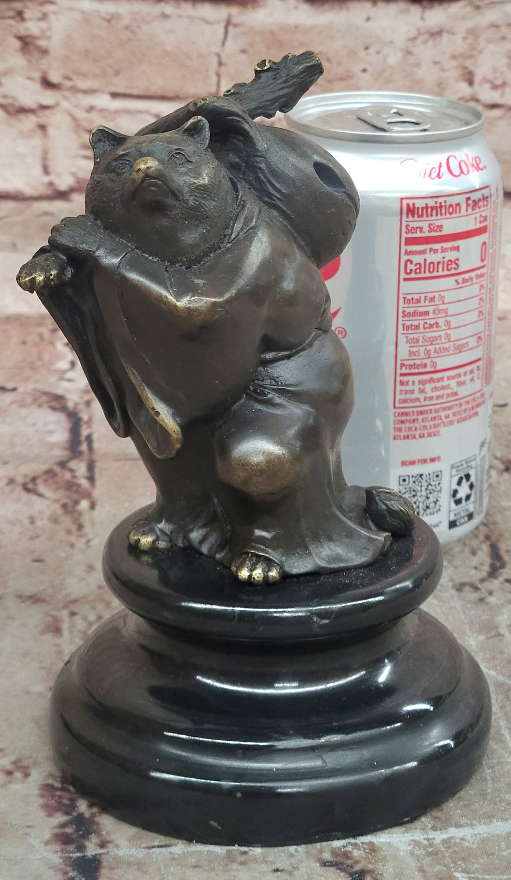 Tanuki Traveling Racoon Dog Bronze Sculpture with Bindle on Marble Base Figurine