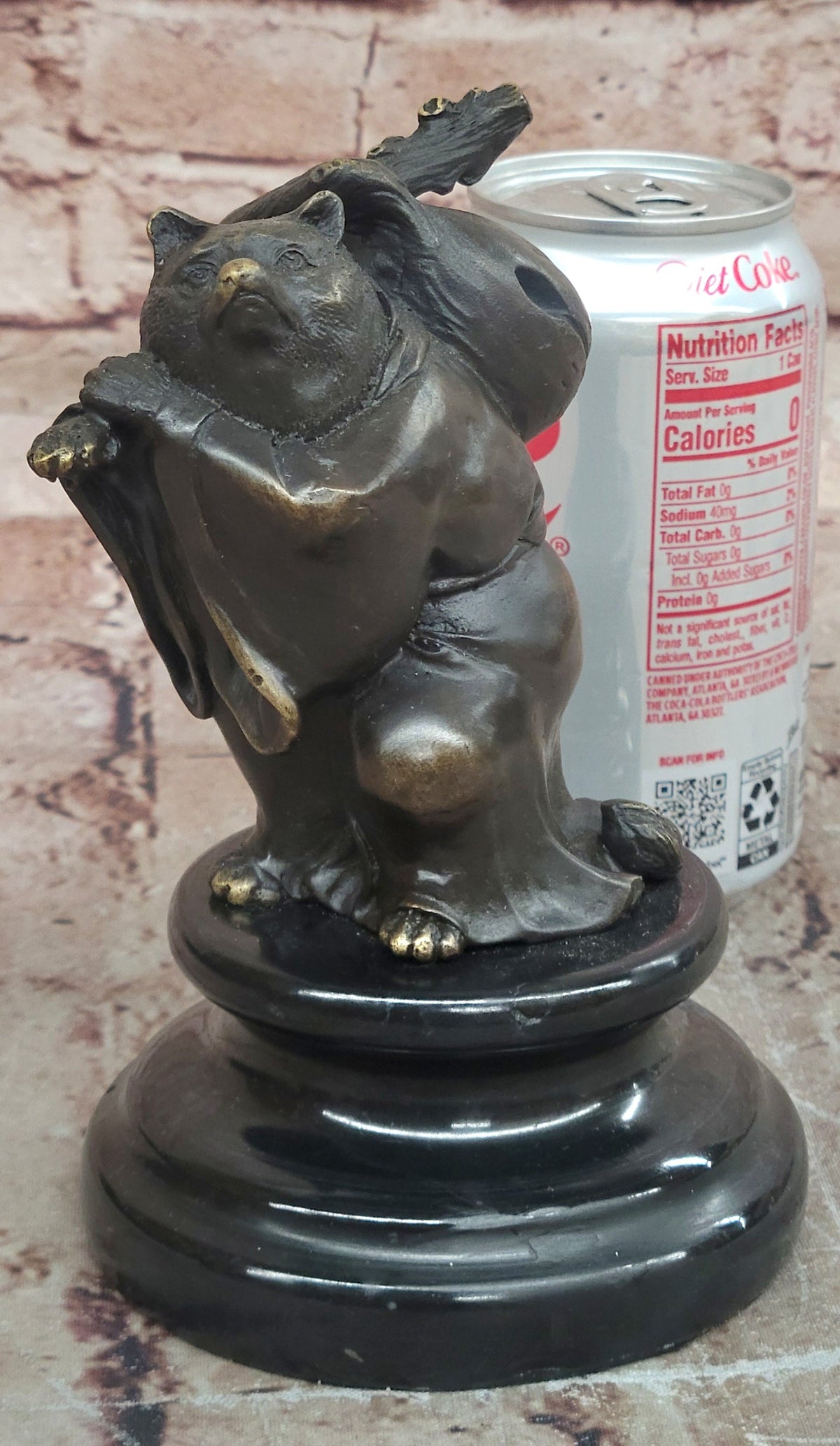 Tanuki Traveling Racoon Dog Bronze Sculpture with Bindle on Marble Base Figurine
