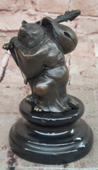 Tanuki Traveling Racoon Dog Bronze Sculpture with Bindle on Marble Base Figurine