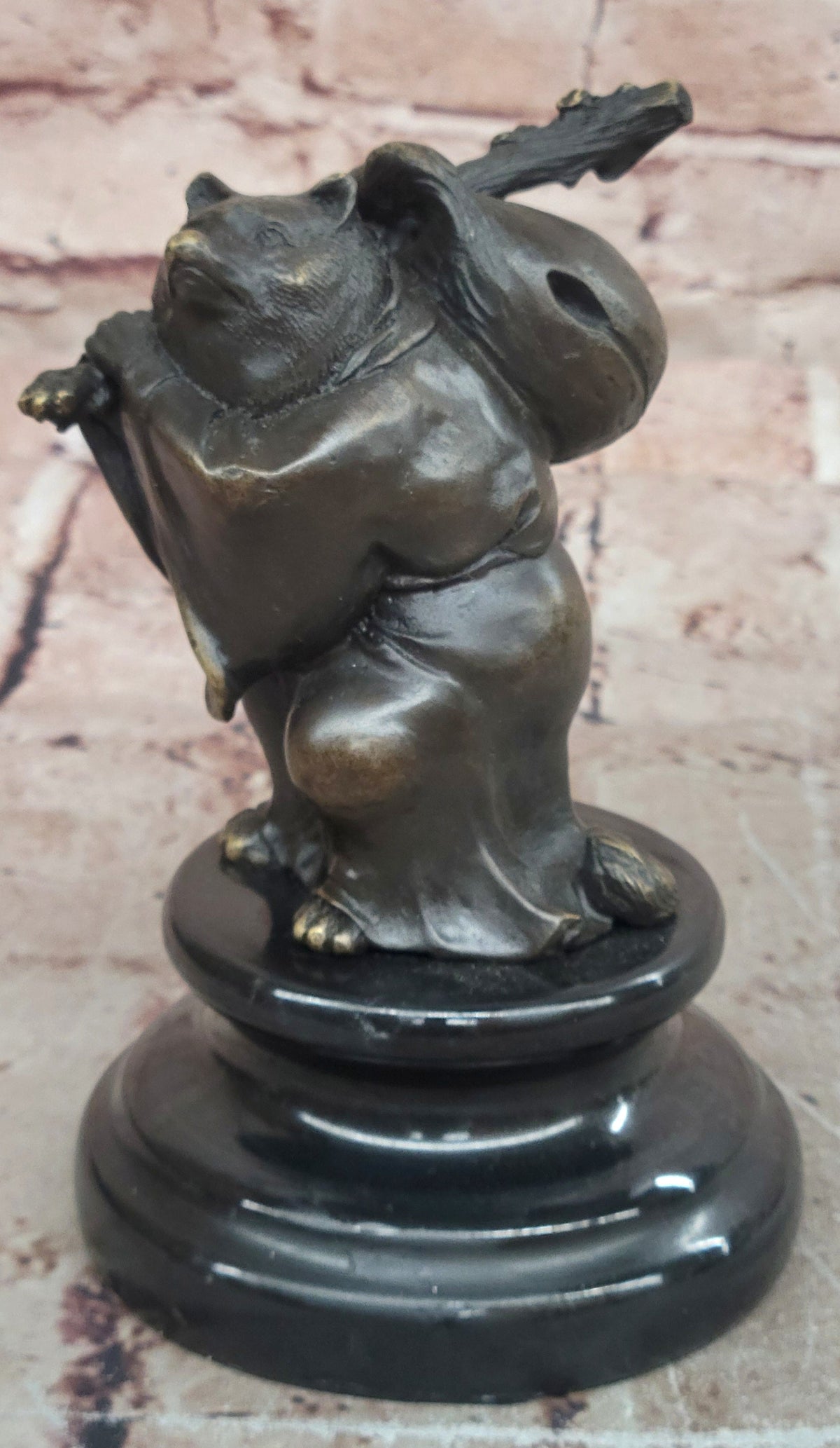 Tanuki Traveling Racoon Dog Bronze Sculpture with Bindle on Marble Base Figurine