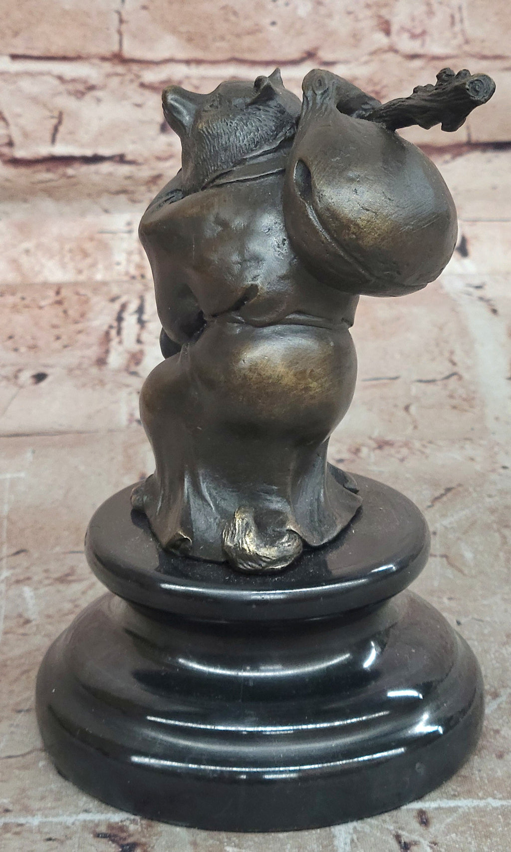 Tanuki Traveling Racoon Dog Bronze Sculpture with Bindle on Marble Base Figurine