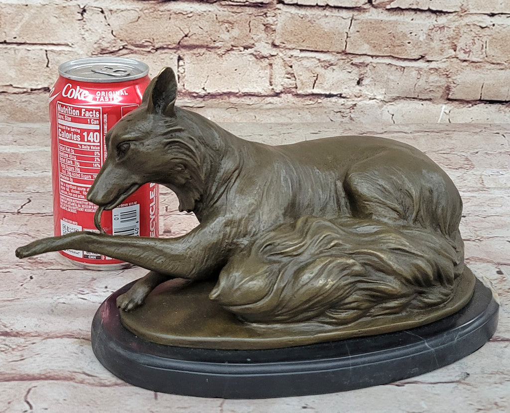 German Shepherd Bushy Tailed Dog Licking Paw Bronze Statue Sculpture Original Milo