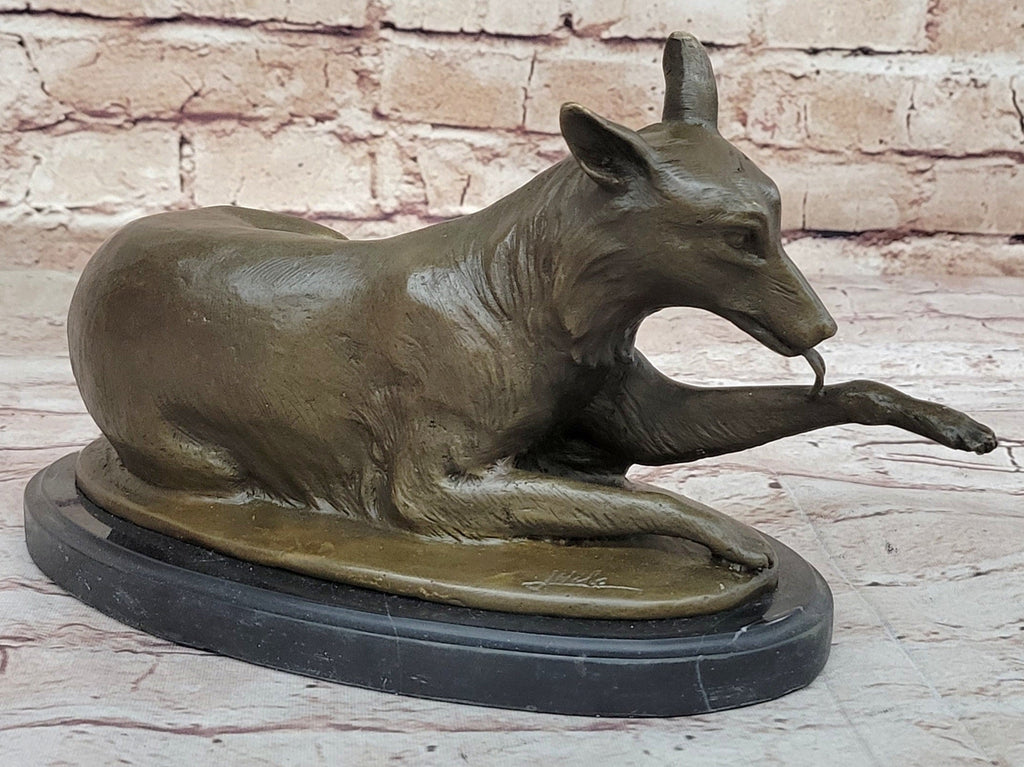 German Shepherd Bushy Tailed Dog Licking Paw Bronze Statue Sculpture Original Milo