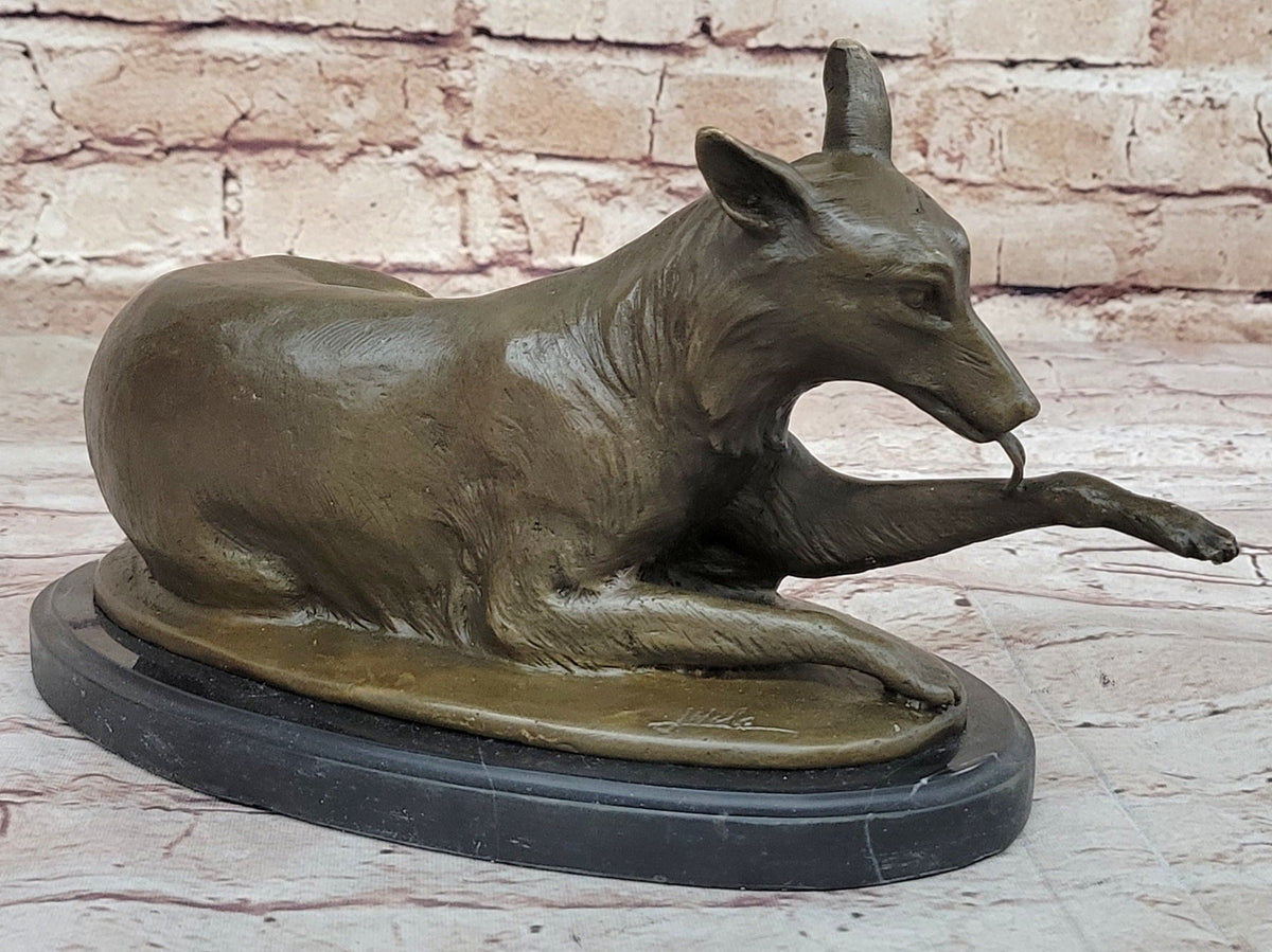 German Shepherd Bushy Tailed Dog Licking Paw Bronze Statue Sculpture Original Milo