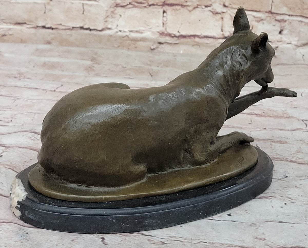 German Shepherd Bushy Tailed Dog Licking Paw Bronze Statue Sculpture Original Milo