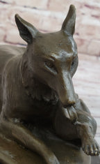 German Shepherd Bushy Tailed Dog Licking Paw Bronze Statue Sculpture Original Milo