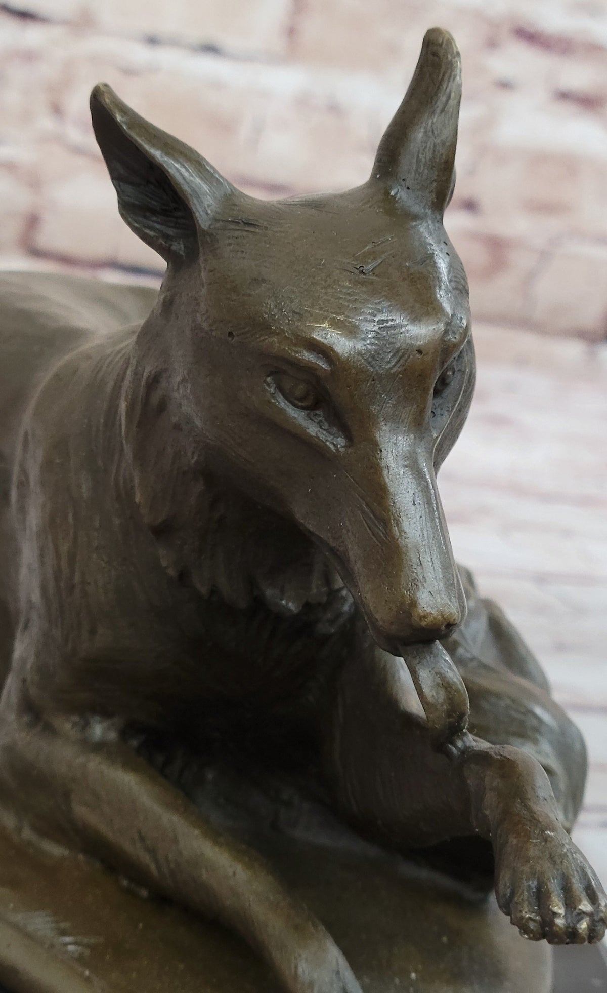 German Shepherd Bushy Tailed Dog Licking Paw Bronze Statue Sculpture Original Milo